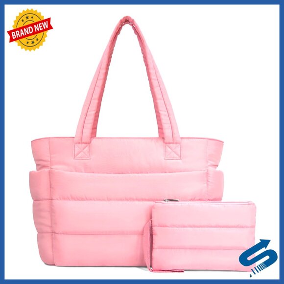 Handbags - Lightweight Puffer Tote Bag with 9 Pockets, 20L Capacity, Laptop Sleeve
